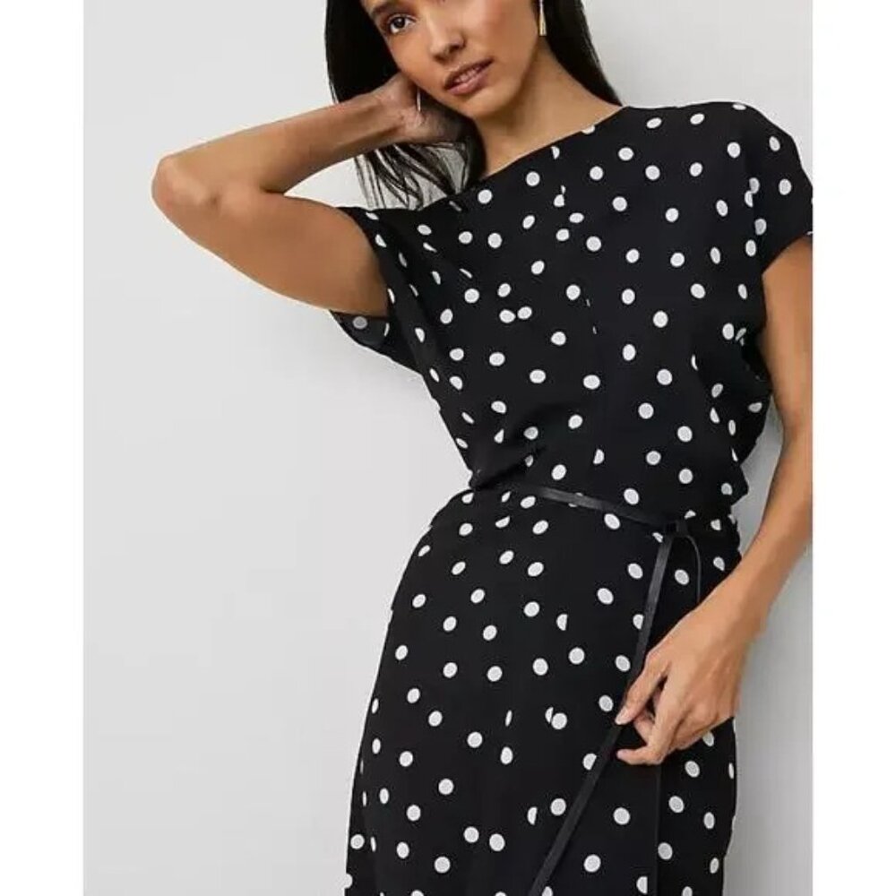 NEW Ann Taylor Petite Dotted Crepe Column Midi Dress Black White Size 00P - Picture 4 of 5